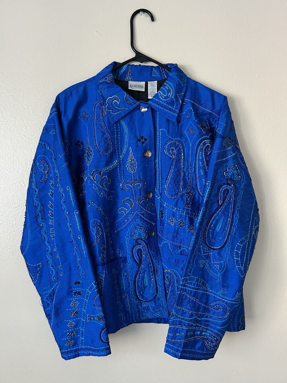Chico's Vintage 100% Silk Beaded Paisley Embroidered Blue Jacket Blazer Sz 2 (XL